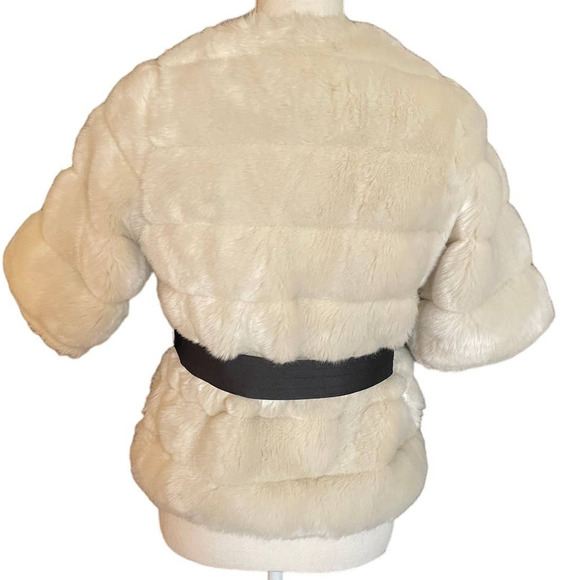 MM Couture by Miss Me Womens Faux Fur Jacket Tie-Waist 3/4 Sleeve Size S Cream - Picture 3 of 13